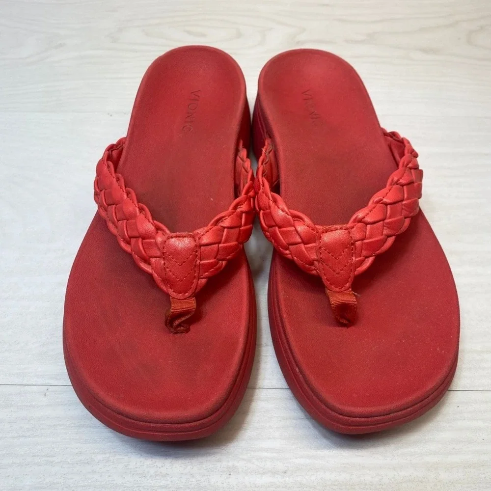 Vionic Womens 8 Kenji Platform Flip Flop Braided Red Orthotic Thong Sandals